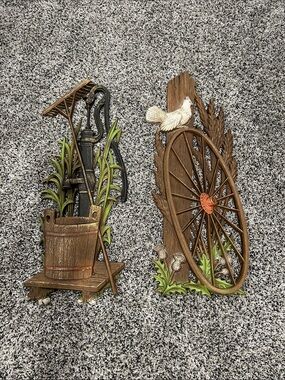 Rustic Wheel & Bucket Wall Decor Pair - Brown and Green
